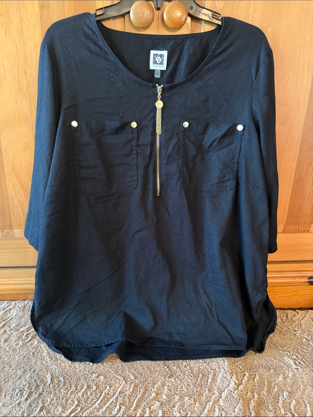 Anne Klein Black & Gold Women’s Zip Top -Pocket - Elegant Casual 1X